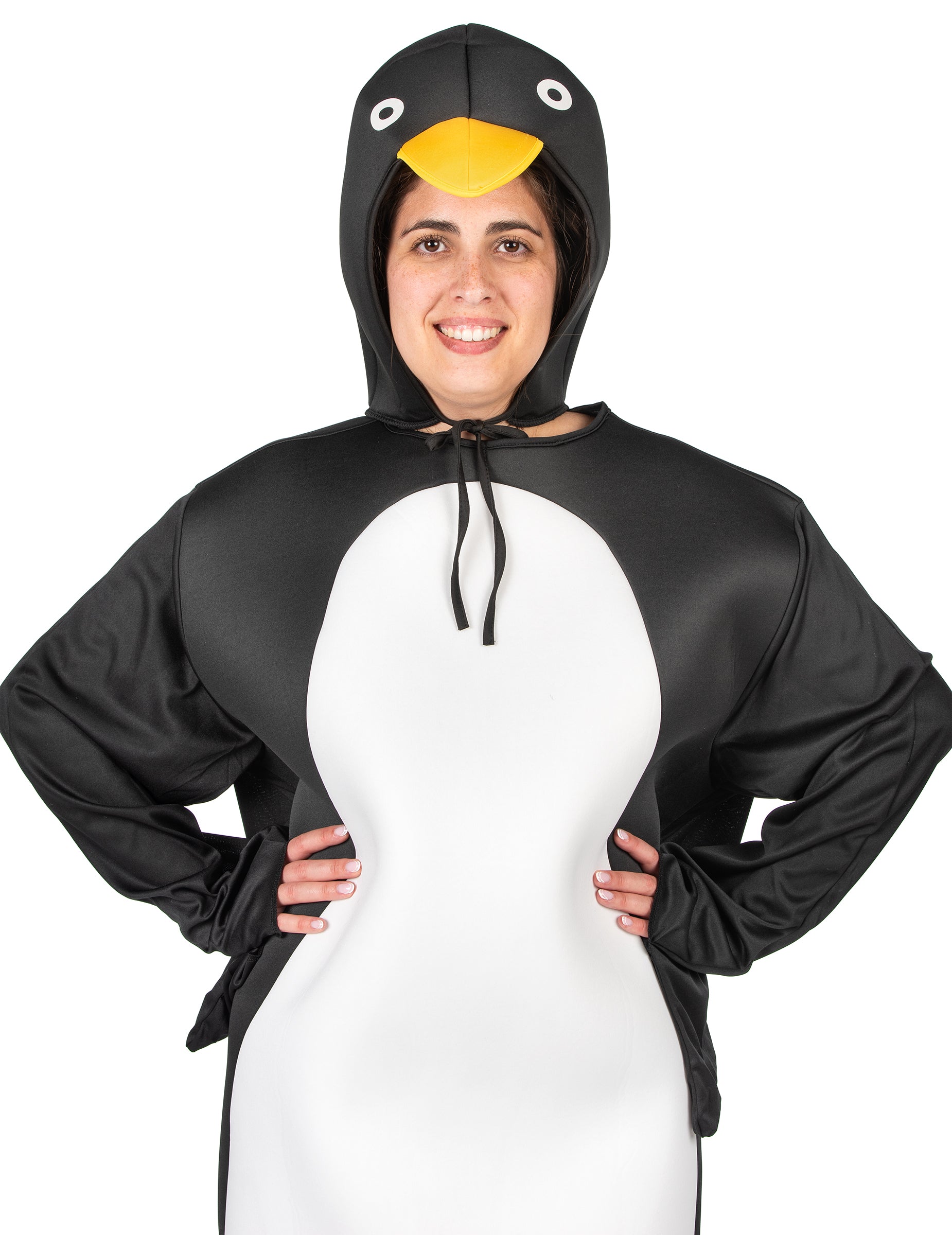 Gros plan sur la capuche à tête de pingouin du déguisement de pingouin pour adulte