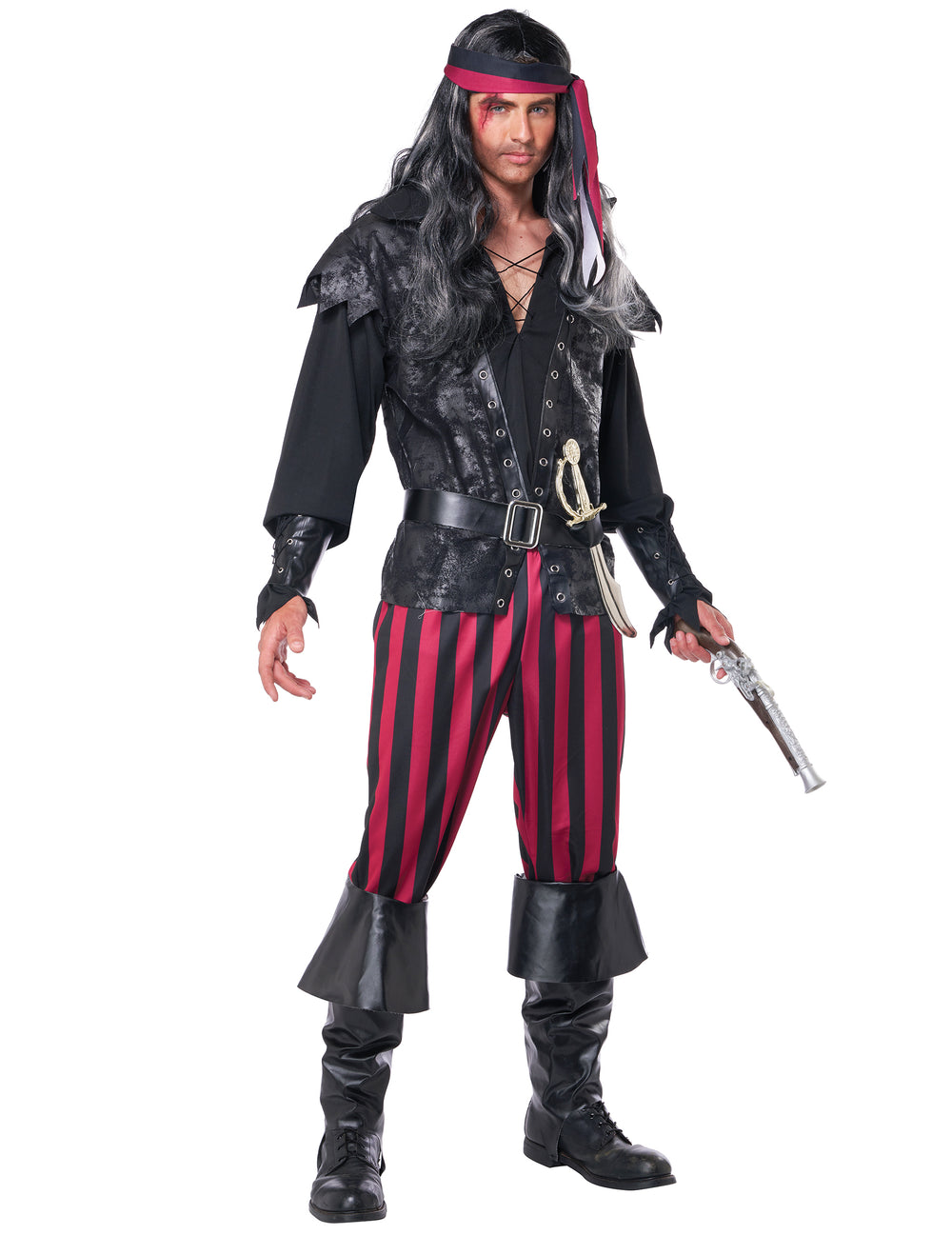 Déguisement pirate à rayures pour homme noir et rouge avec bandeau