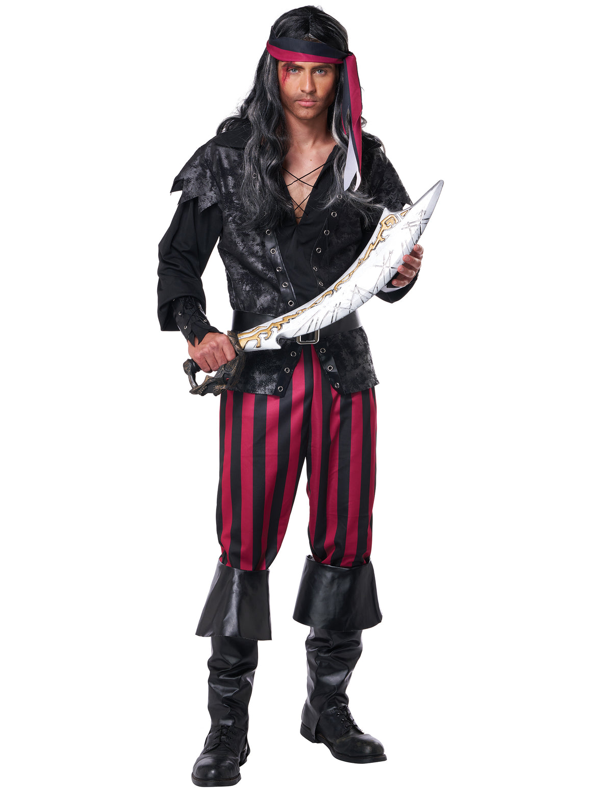 Sabre de pirate tenu par le modèle du déguisement pirate à rayures