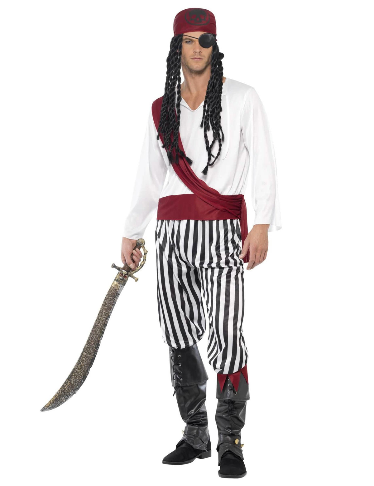 Vue d'ensemble avec sabre du déguisement pirate avec bandana rouge