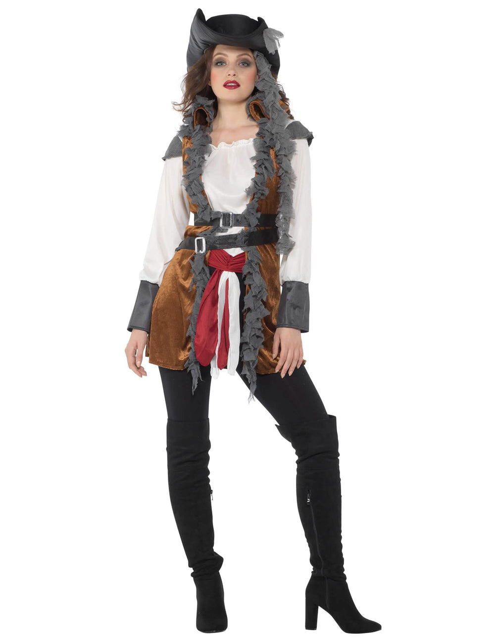 Fato de pirata com colete para mulher castanho e branco com chapéu