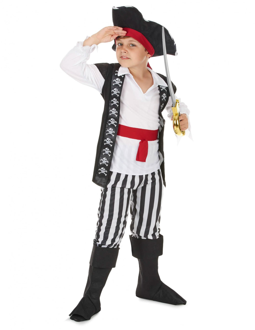 Vista geral com chapéu e espada do fato de pirata para menino com riscas pretas e brancas