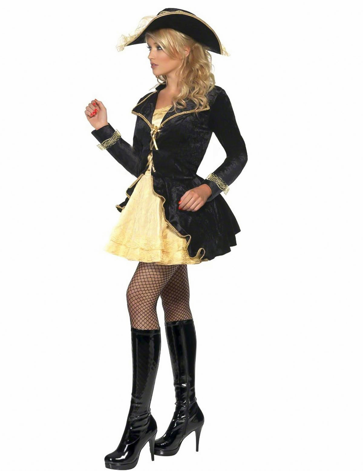 Disfarce pirata barroco preto e dourado mulher