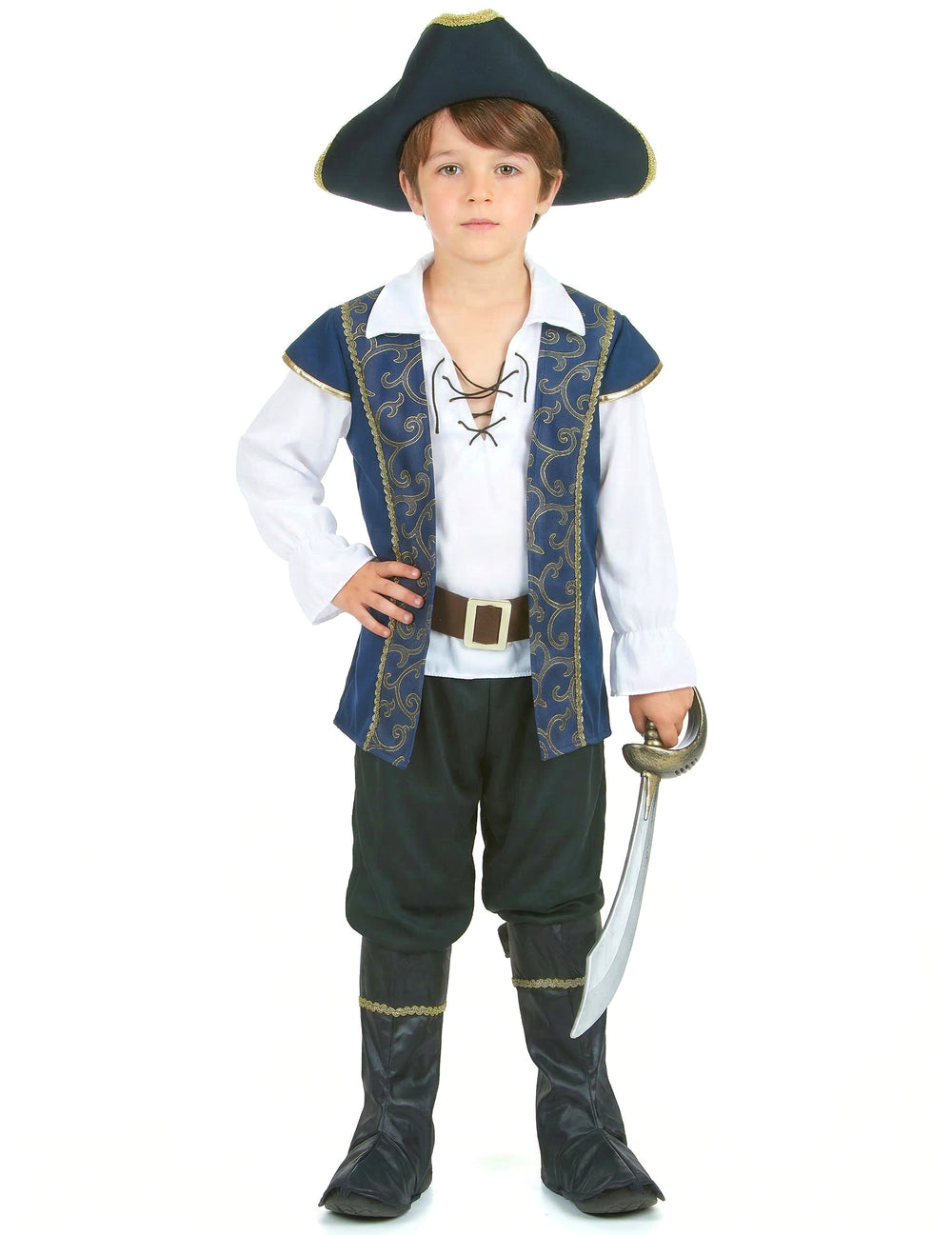 Déguisement de pirate pour garçon bleu et blanc avec tricorne et sabre