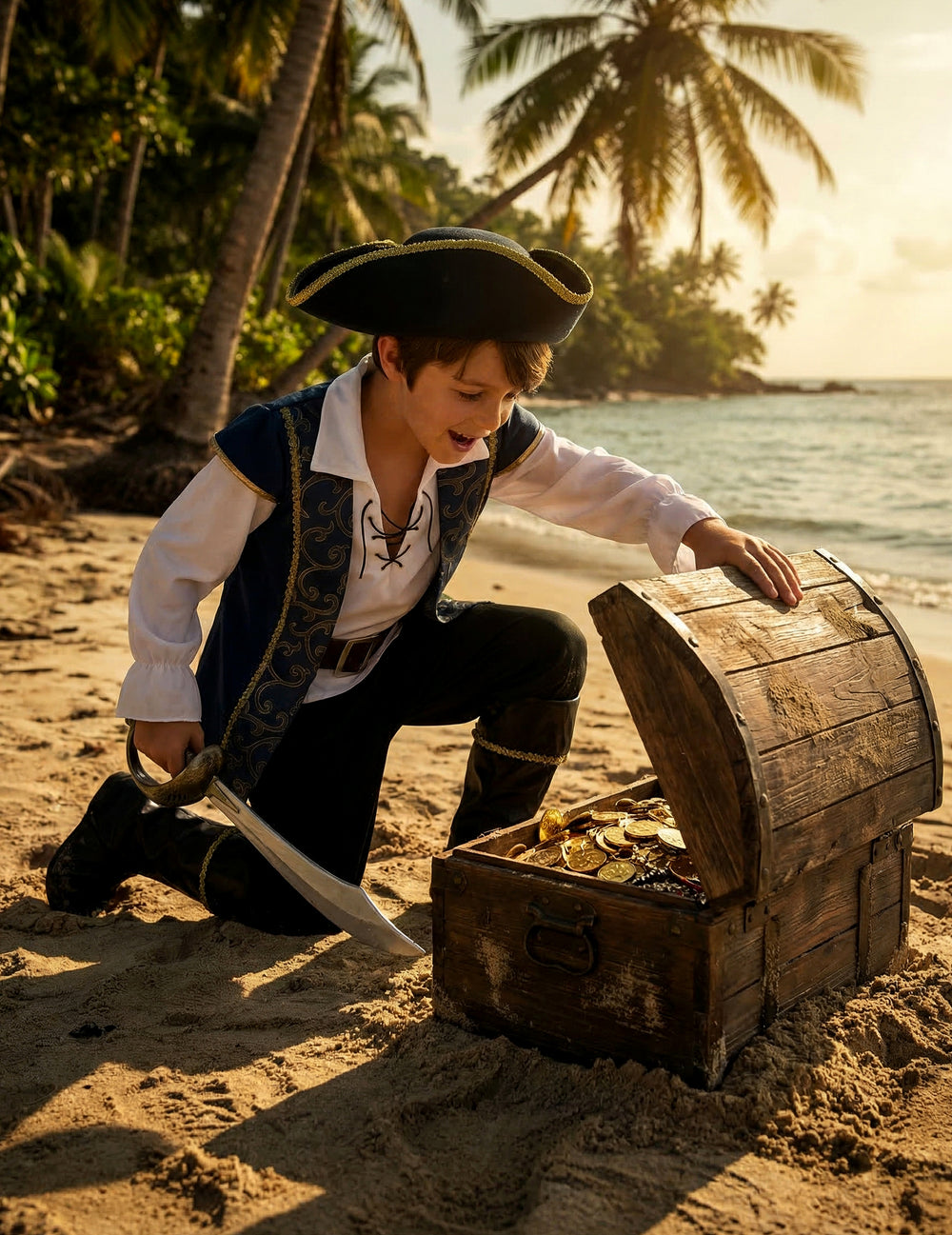 Mise en situation avec coffre au trésor du déguisement de pirate pour garçon