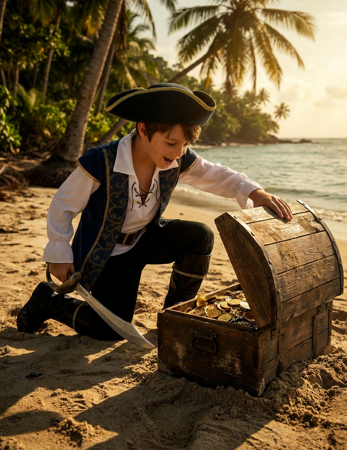 Mise en situation avec coffre au trésor du déguisement de pirate pour garçon