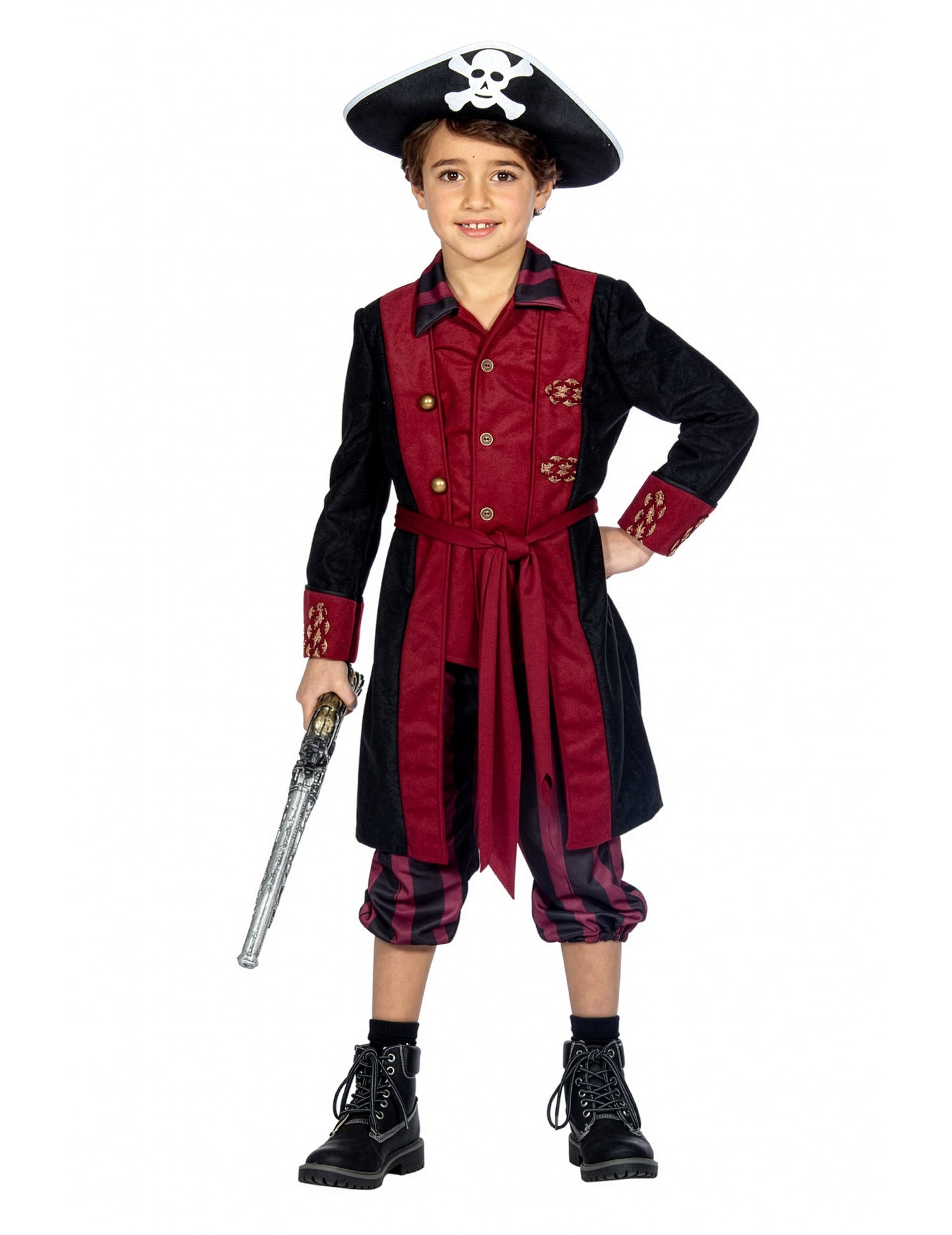 Fato de pirata bordô e preto para rapaz