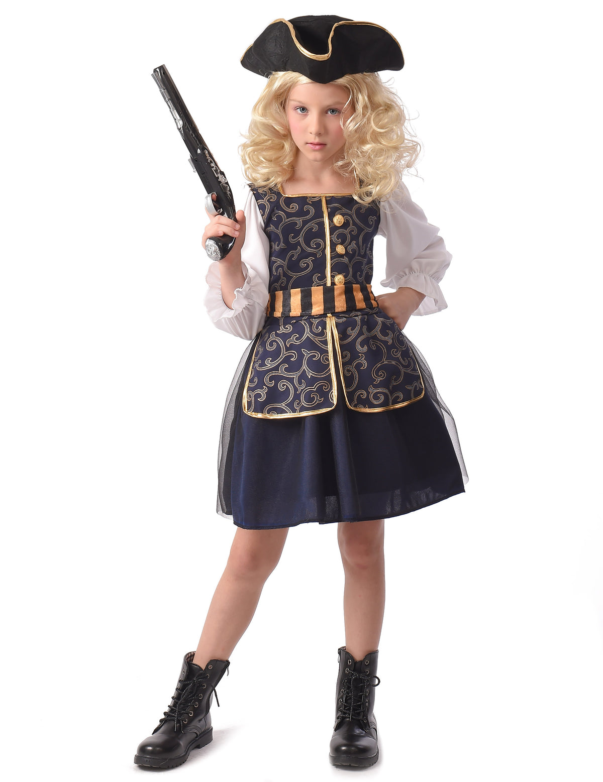 Déguisement pirate chic pour fille bleu et doré avec tricorne