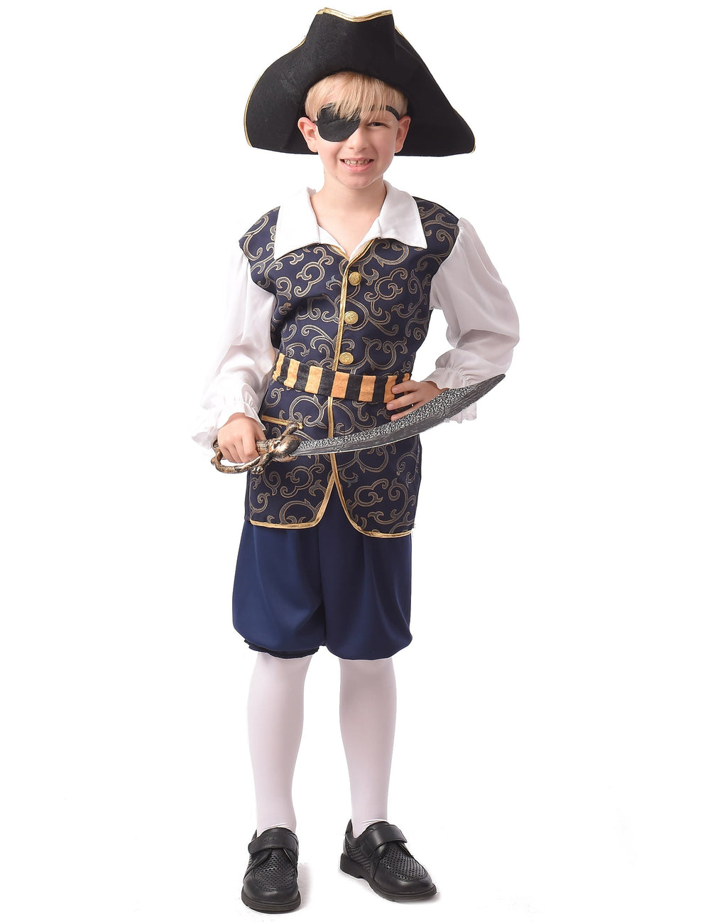 Déguisement pirate chic pour garçon bleu et doré avec chapeau et sabre