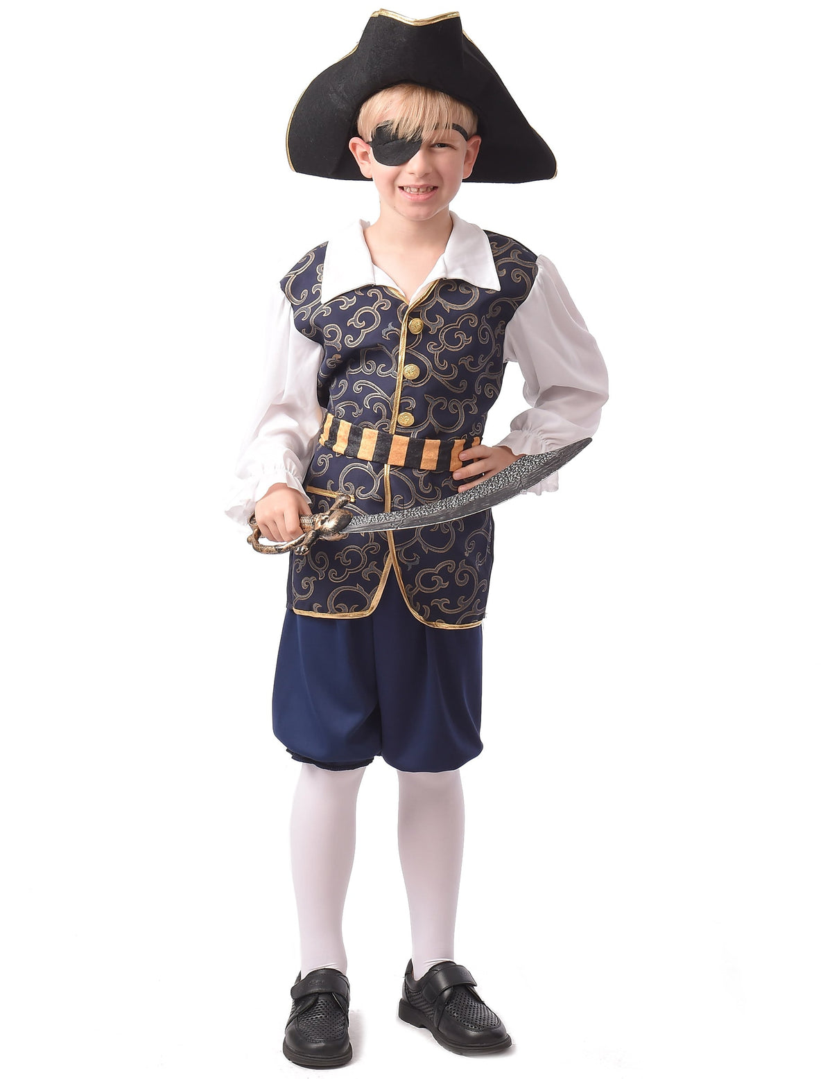 Déguisement pirate chic pour garçon bleu et doré avec chapeau et sabre