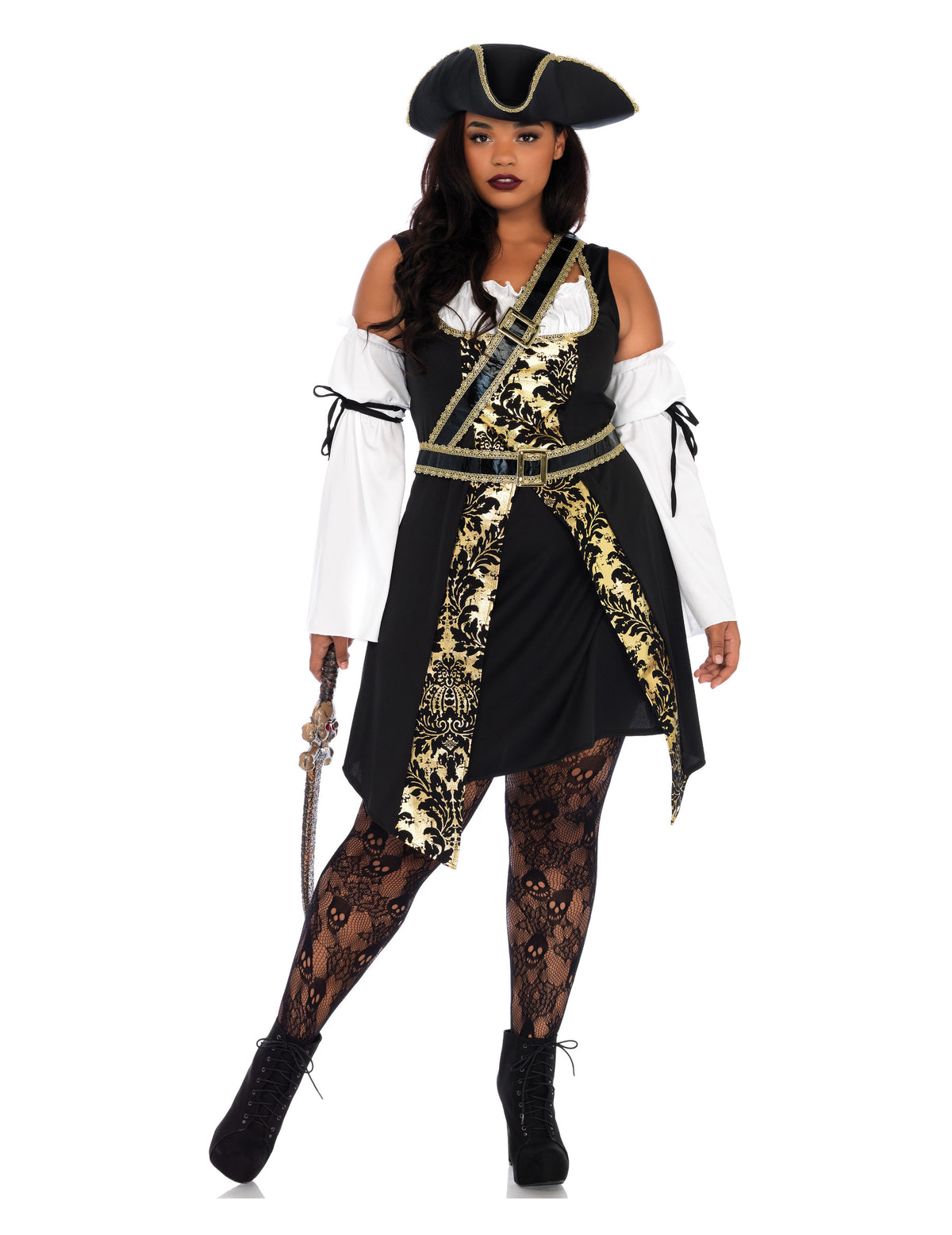 Déguisement pirate des océans pour femme noir et blanc avec motifs dorés et chapeau