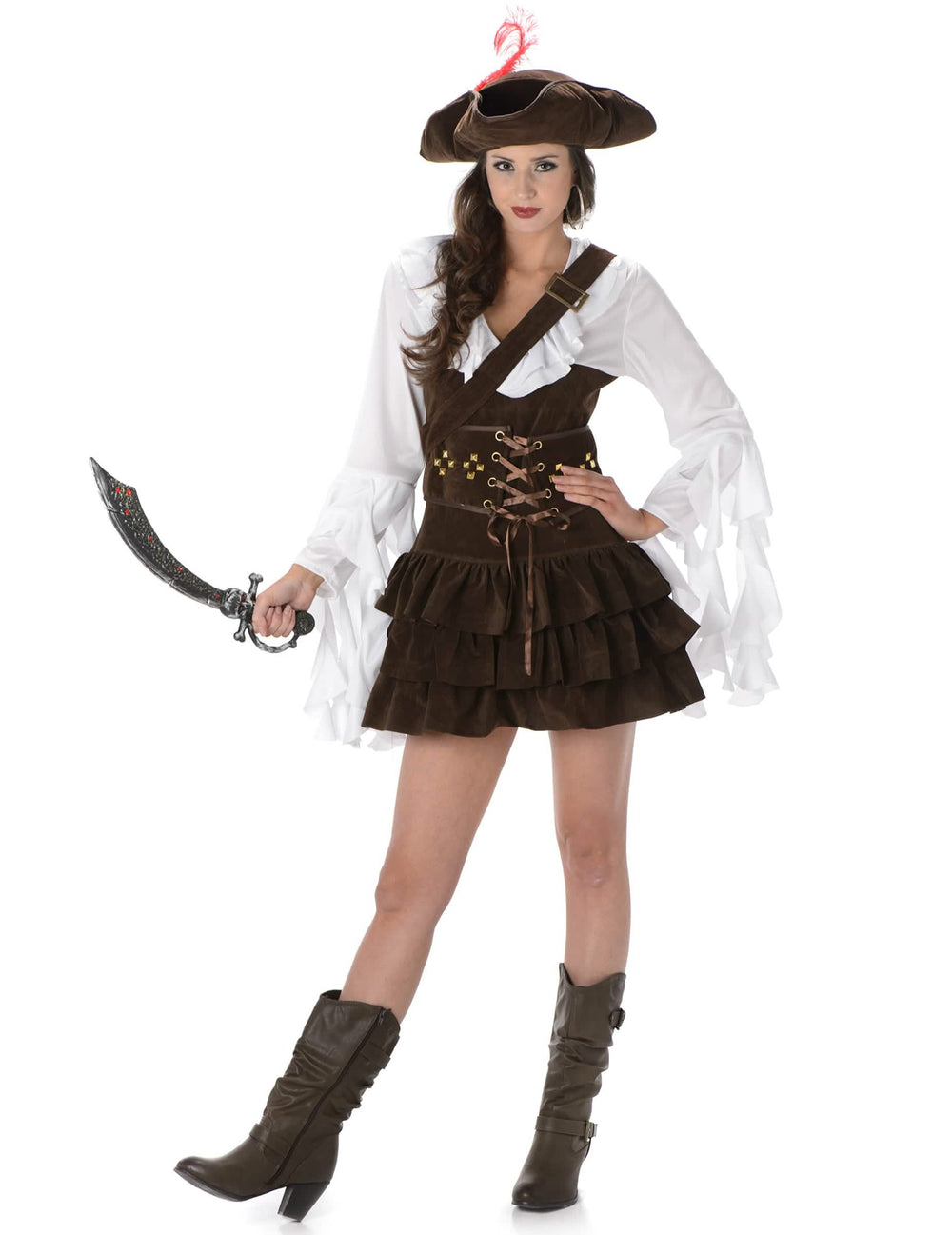 Fato de pirata com efeito camurça para mulher castanho e branco com chapéu