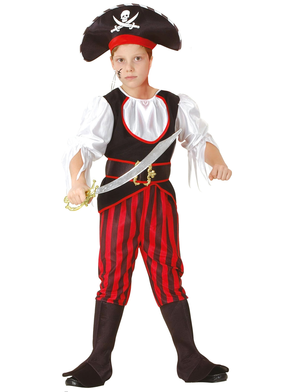 Déguisement de pirate effet satiné pour garçon rouge et noir avec chapeau