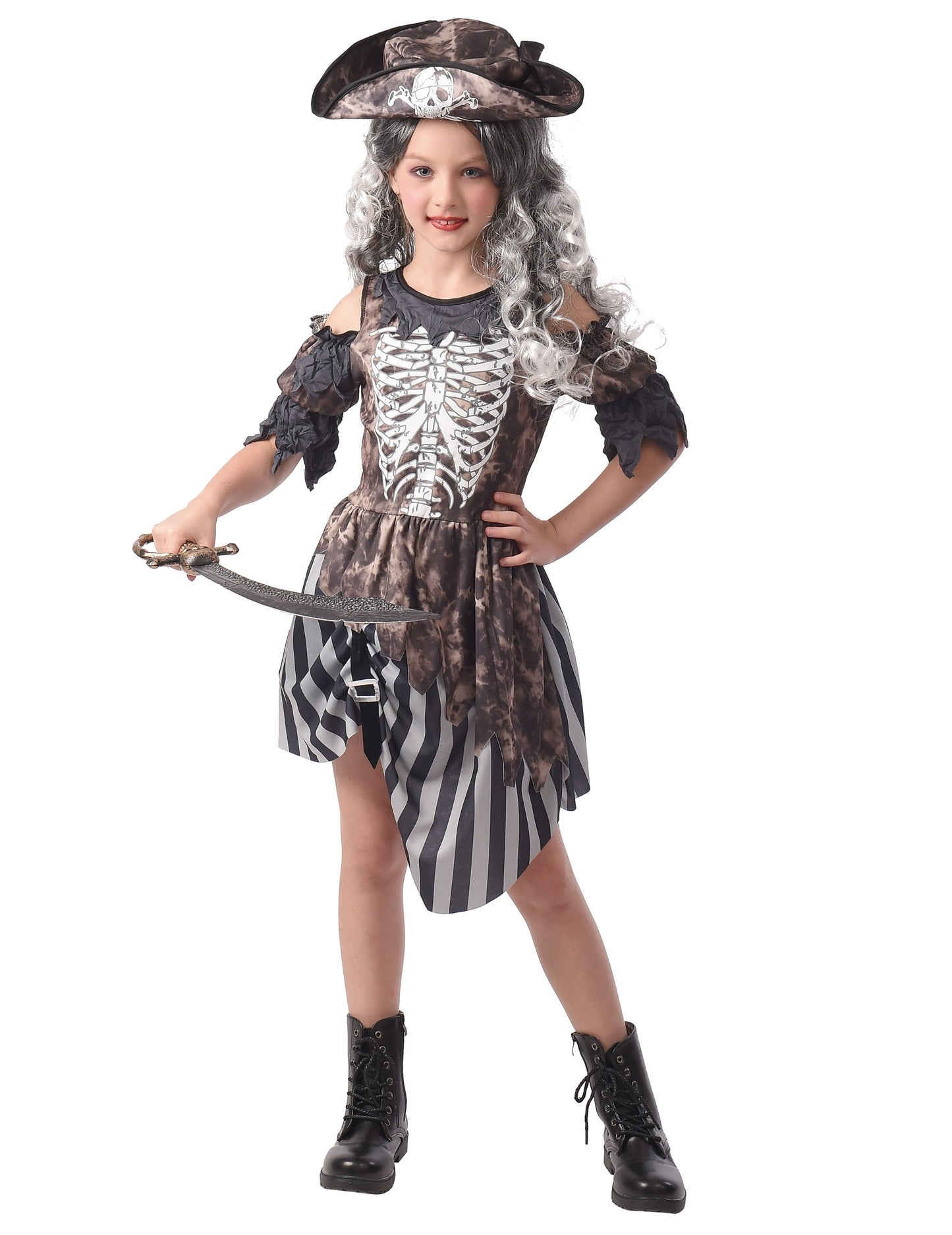 Déguisement pirate fantôme pour fille marron et gris avec imprimé squelette et chapeau
