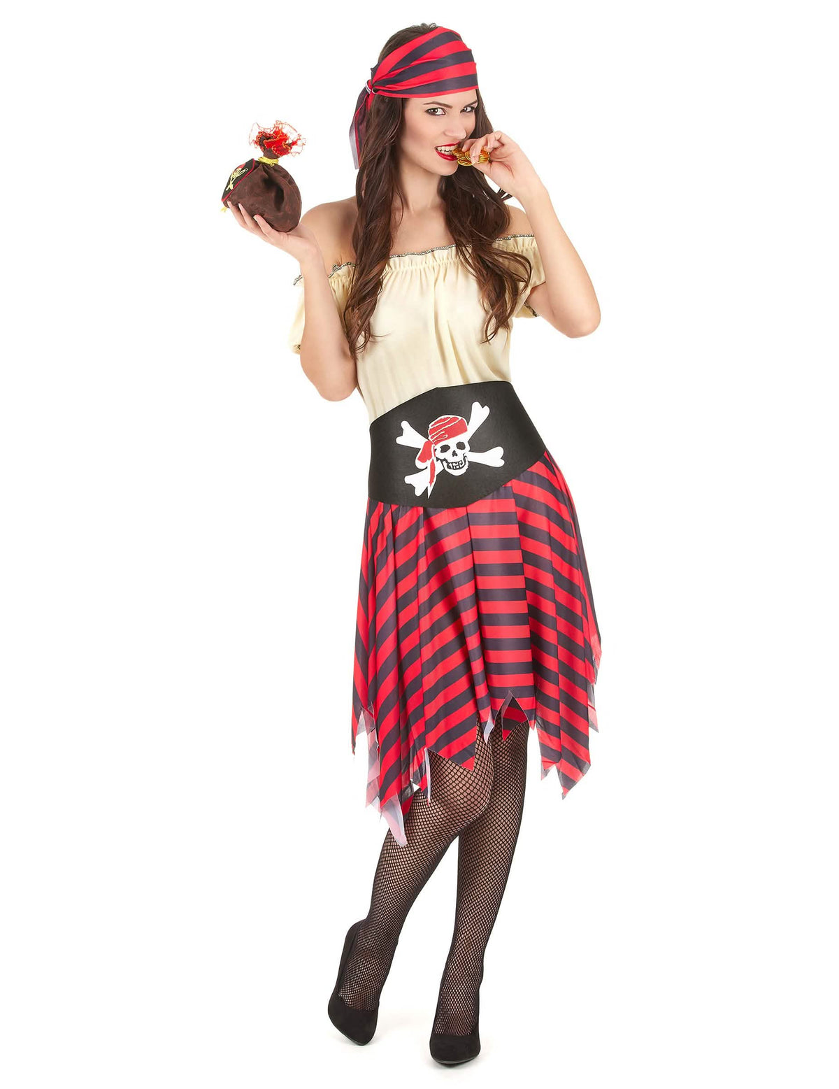 Fato de pirata com caveira para mulher vermelho e preto às riscas