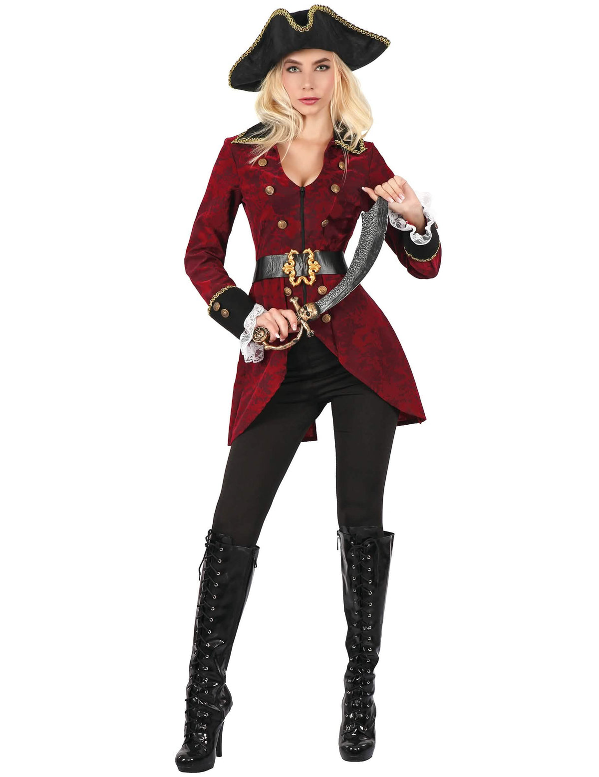 Fato de pirata para mulher vermelho e preto com chapéu