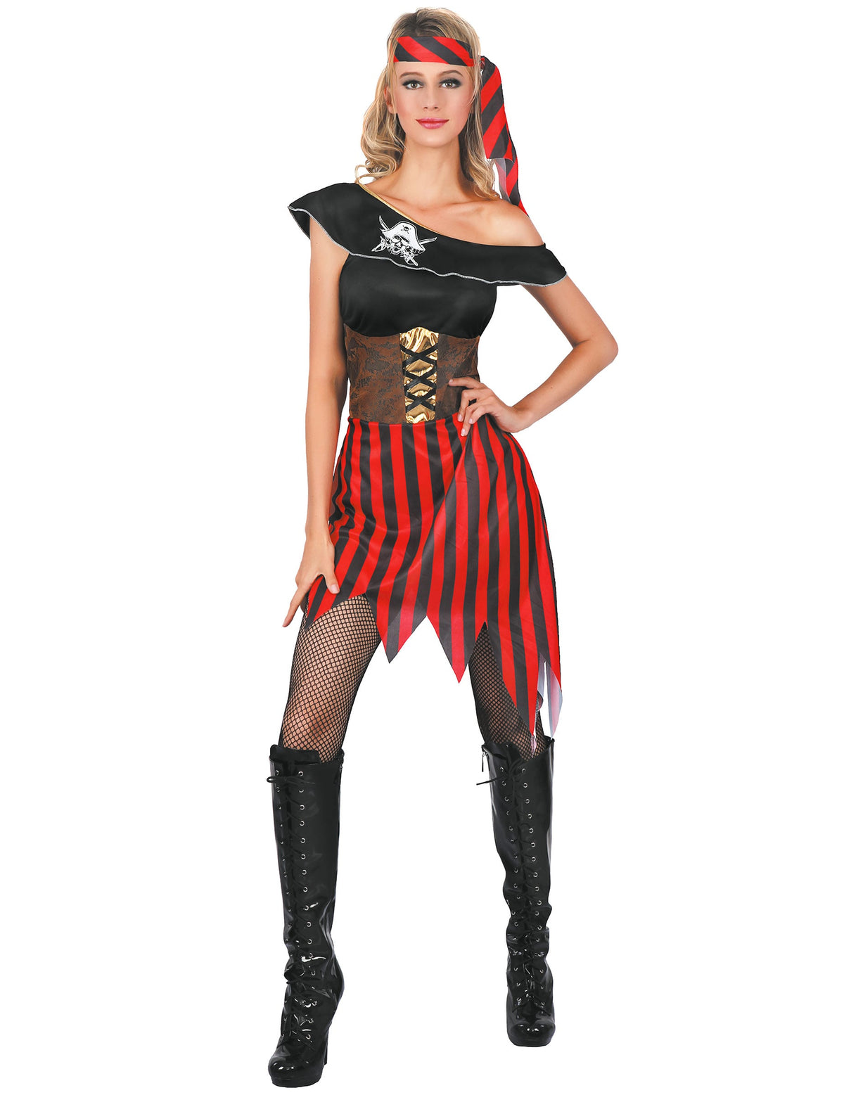 Déguisement de pirate pour femme noir et rouge à rayures avec bandana