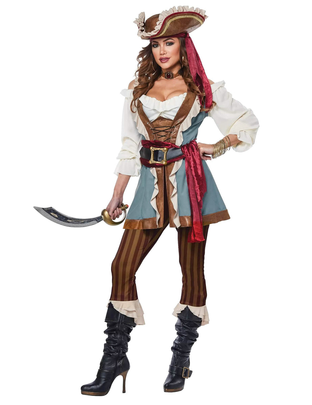Déguisement pirate luxe pour femme bleu et marron avec chapeau et sabre