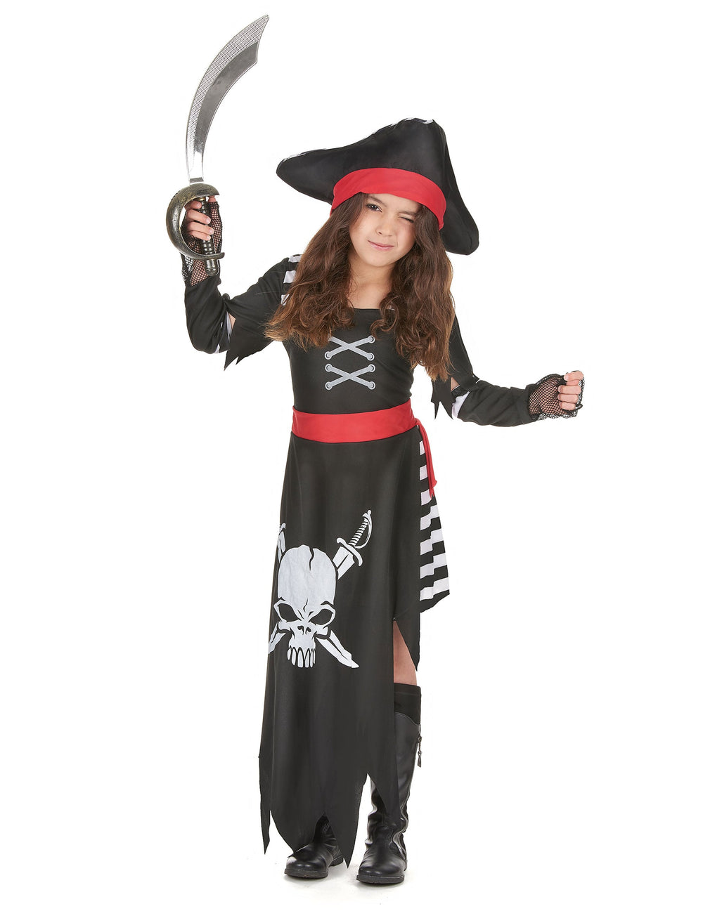 Déguisement de pirate capitaine pour fille noir et rouge avec chapeau