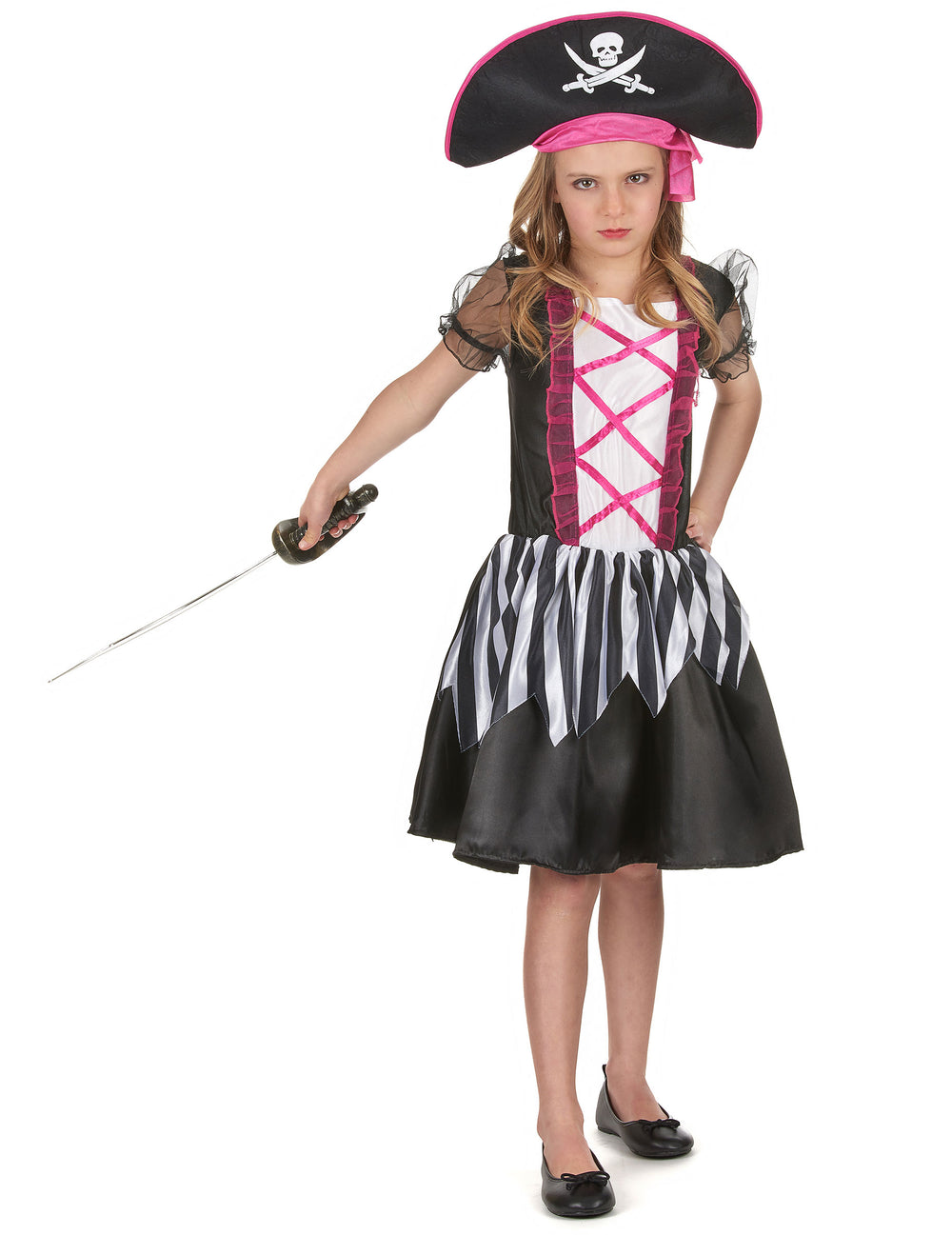 Déguisement de pirate pour fille rose et noir avec chapeau