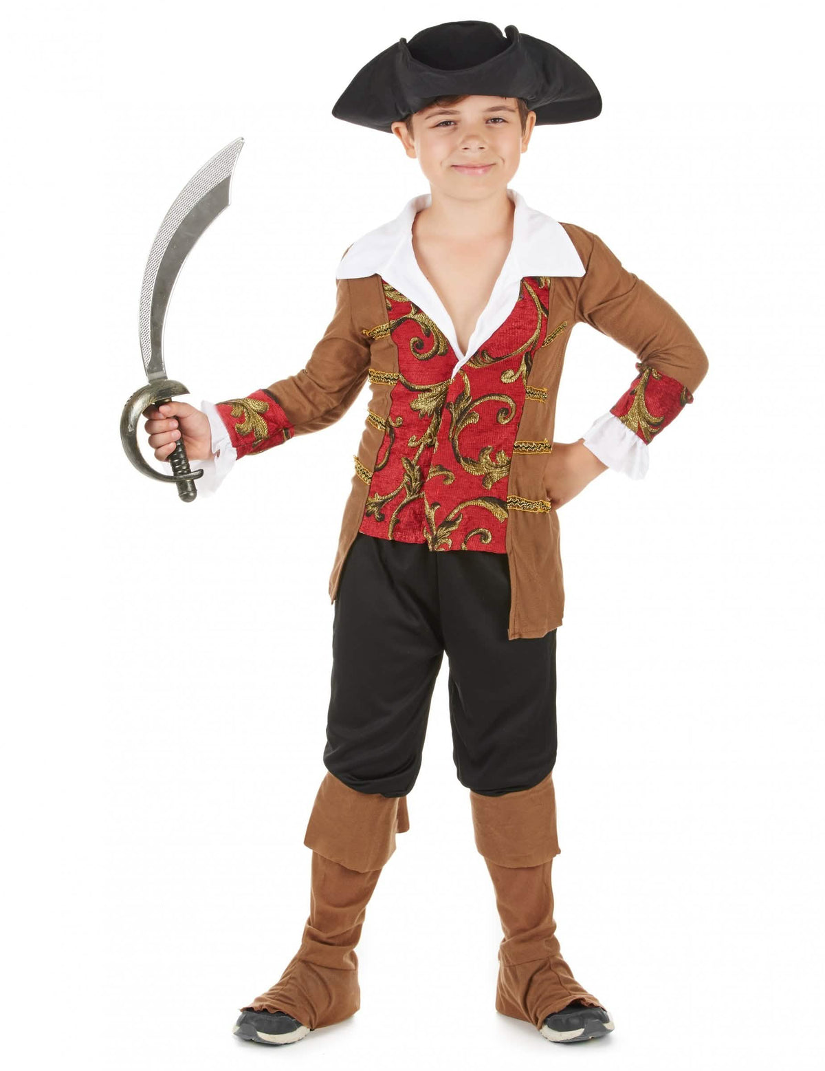 Fato de pirata para menino castanho e preto com colete vermelho e chapéu