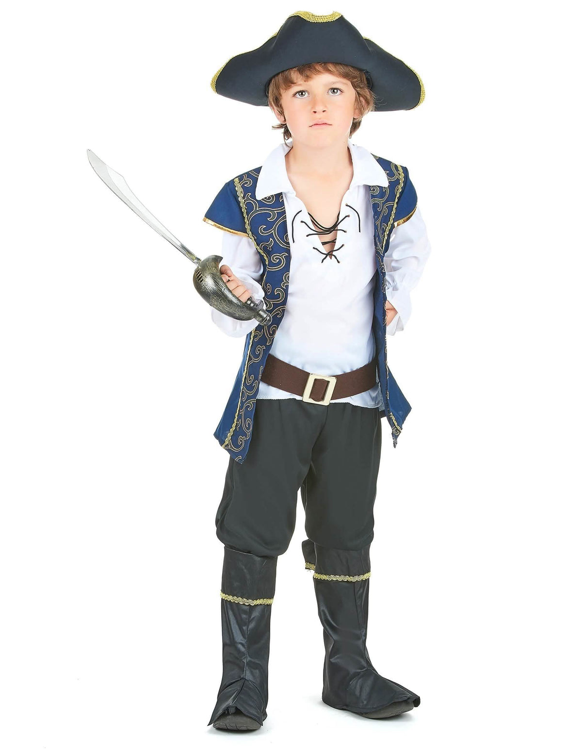 Vue de face de la tenue garçon du déguisement de couple capitaines pirates chic pour enfants