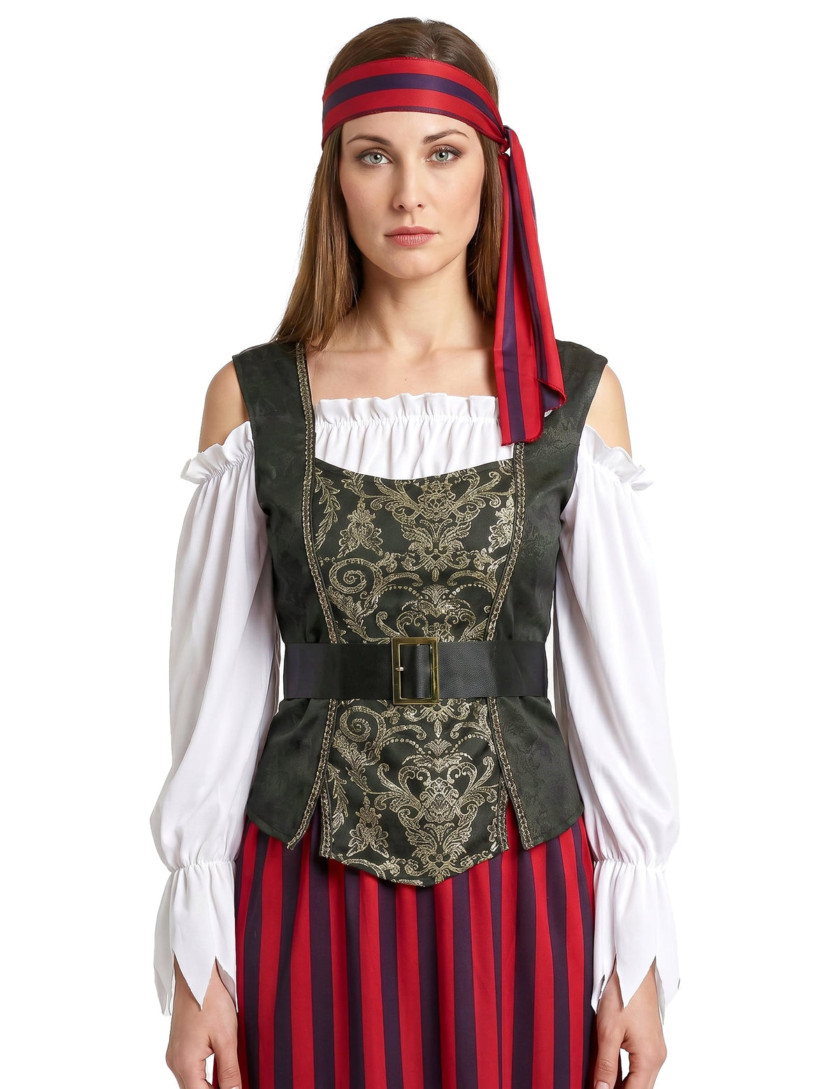 Disfarce pirata mulher com saia às riscas