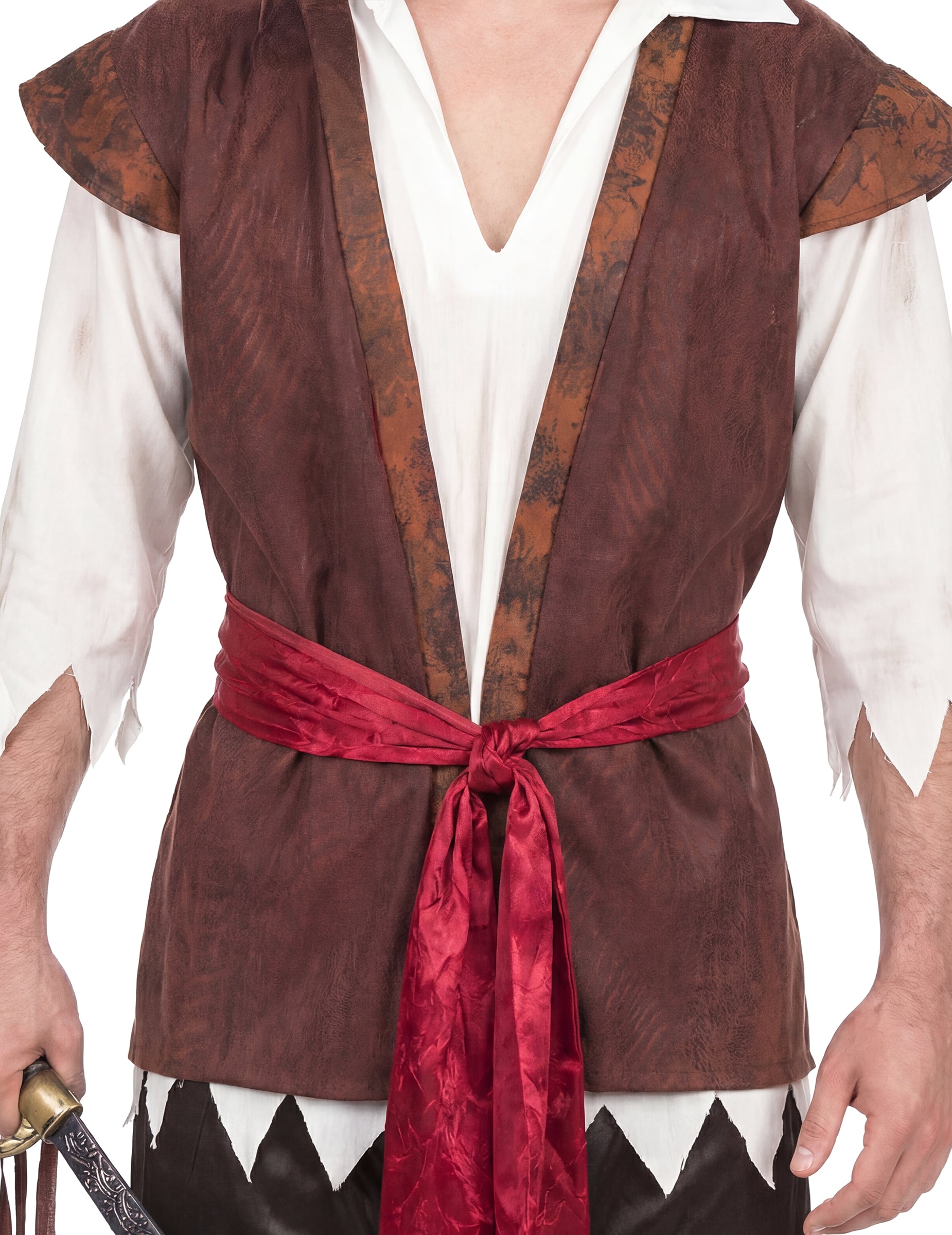 Gros plan sur le gilet et la ceinture rouge du déguisement de pirate pour homme