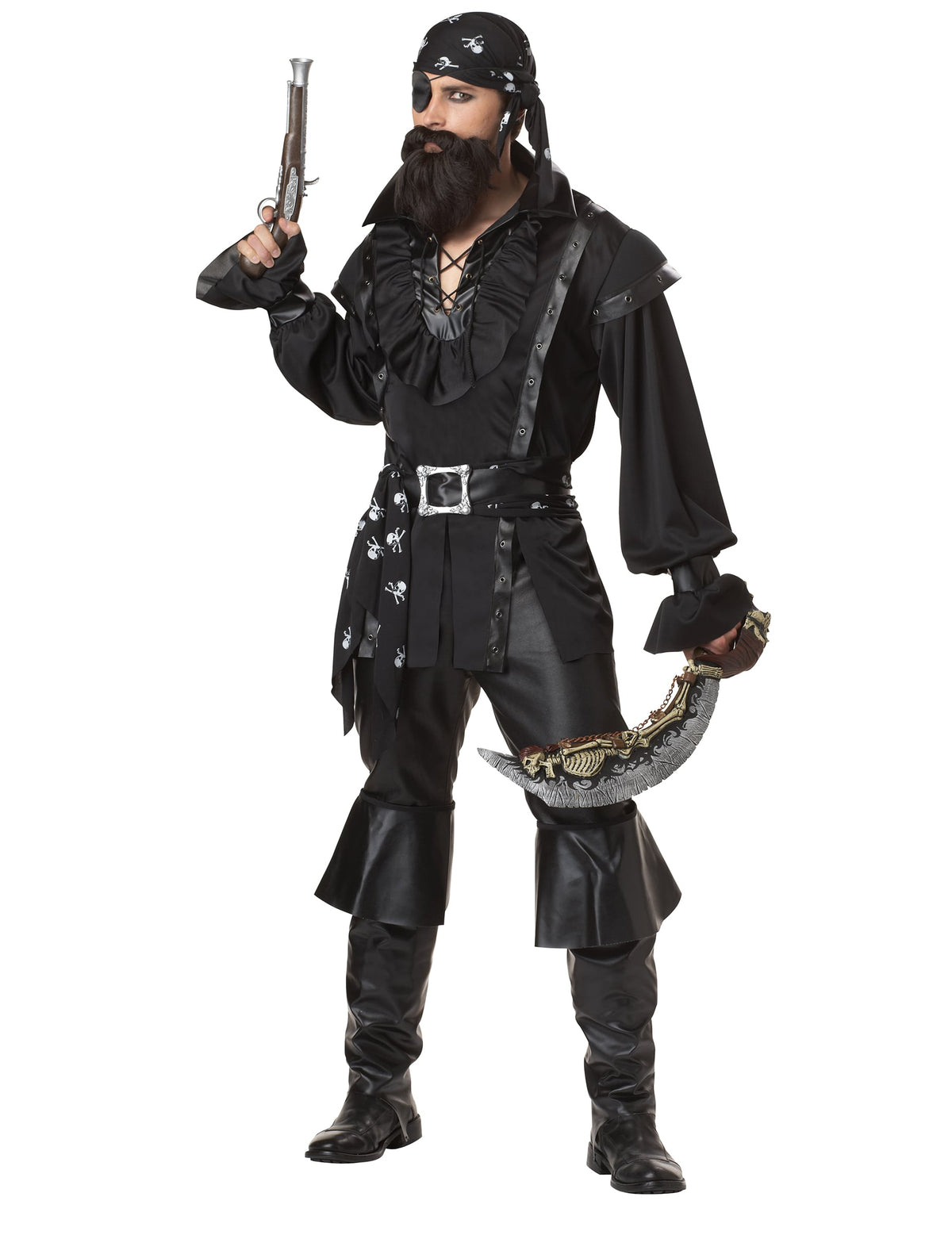 Déguisement de pirate pour homme noir avec chemise à jabot et bandana à têtes de mort