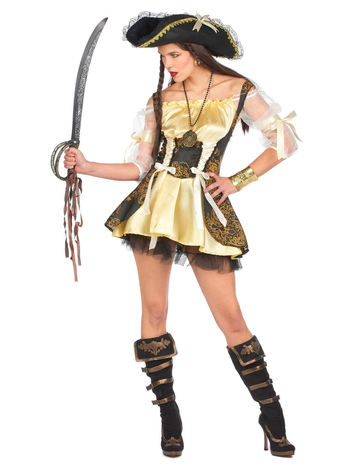 Fato de pirata para mulher amarelo e preto com chapéu