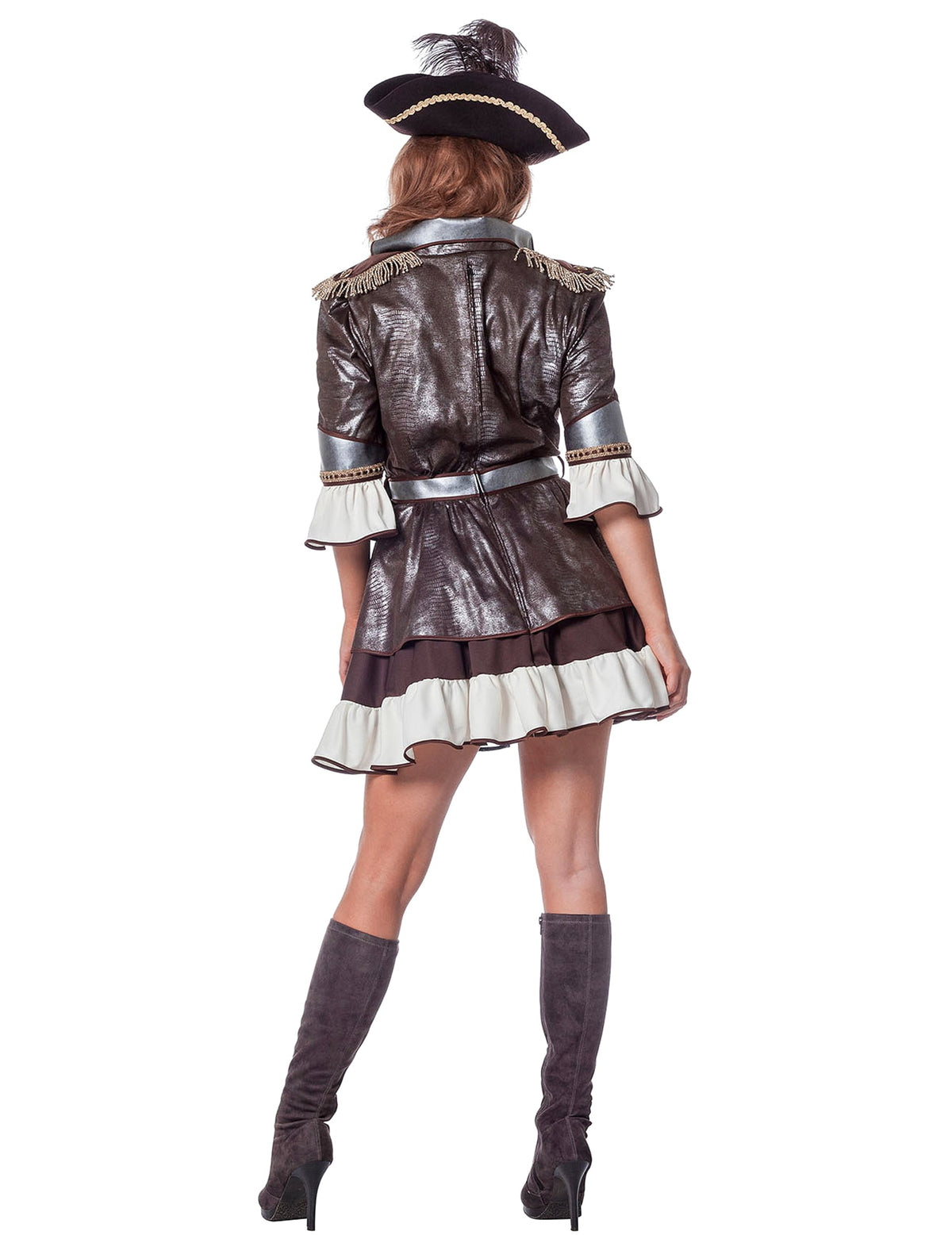 Fato de pirata de luxo prateado e castanho para mulher
