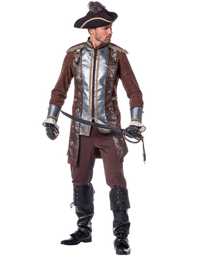Fato de pirata luxo prateado e castanho para homem