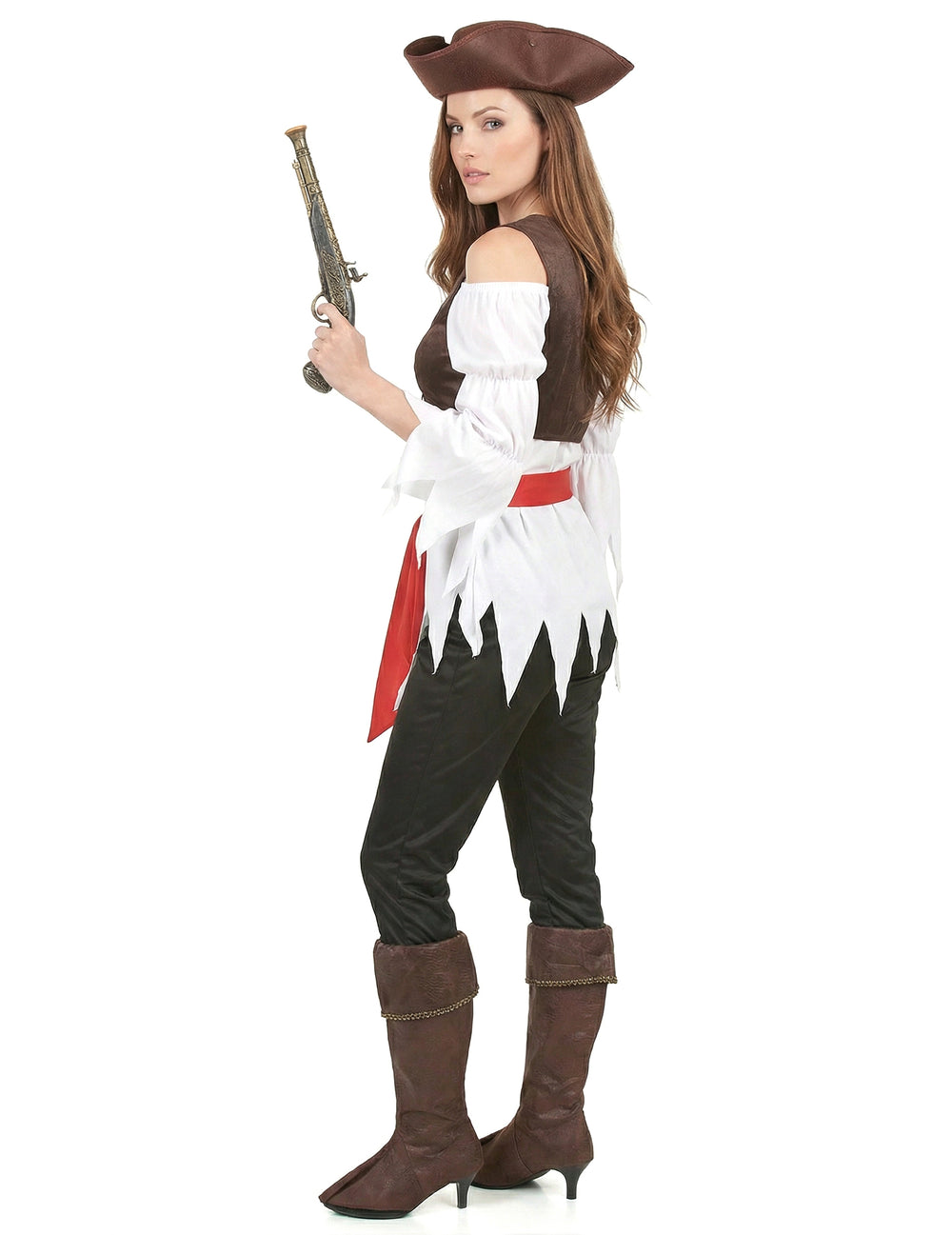 Déguisement de pirate pour femme marron et blanc avec chapeau et ceinture rouge