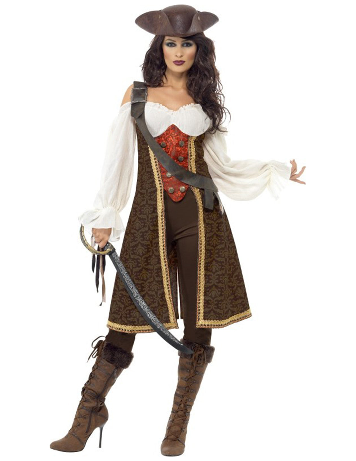 Déguisement de pirate pour femme marron et rouge avec chapeau tricorne