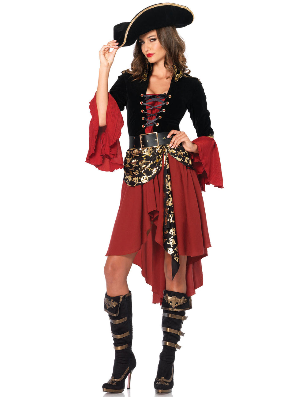 Déguisement de pirate à motifs dorés pour femme rouge et noir avec chapeau