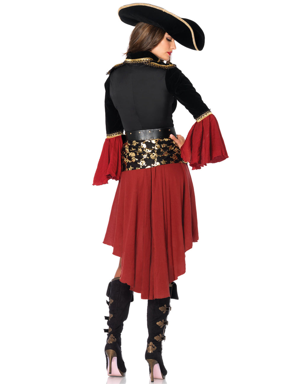 Vue de dos du déguisement de pirate à motifs dorés pour femme