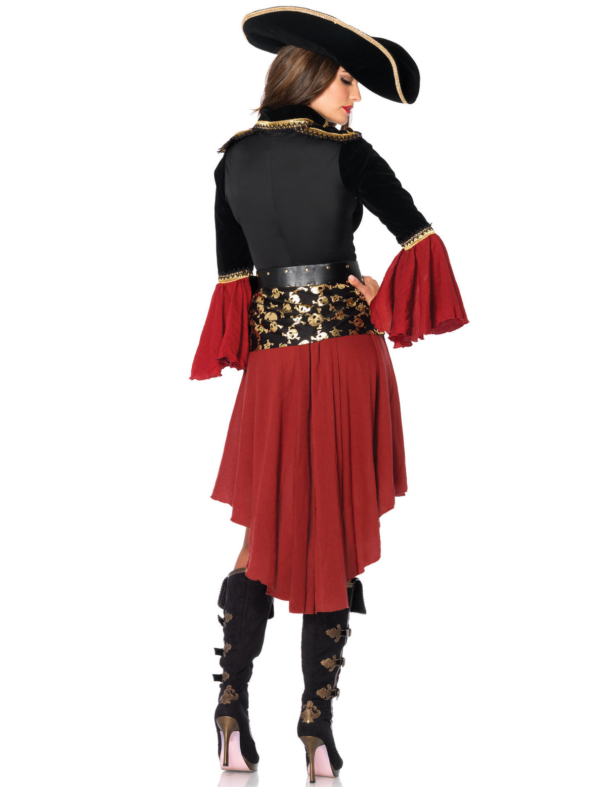 Vue de dos du déguisement de pirate à motifs dorés pour femme