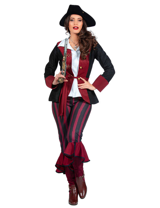 Fato de pirata de luxo preto e bordeaux para mulher
