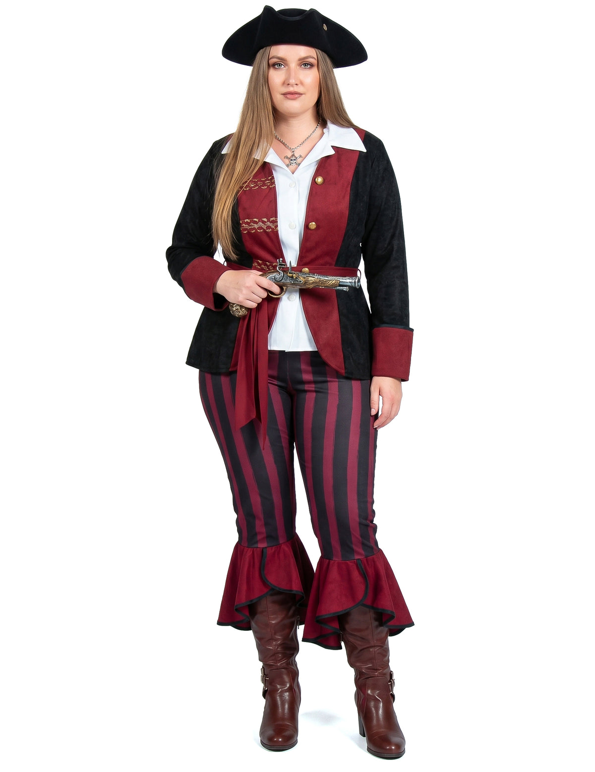 Fato de pirata preto e bordô luxo mulher