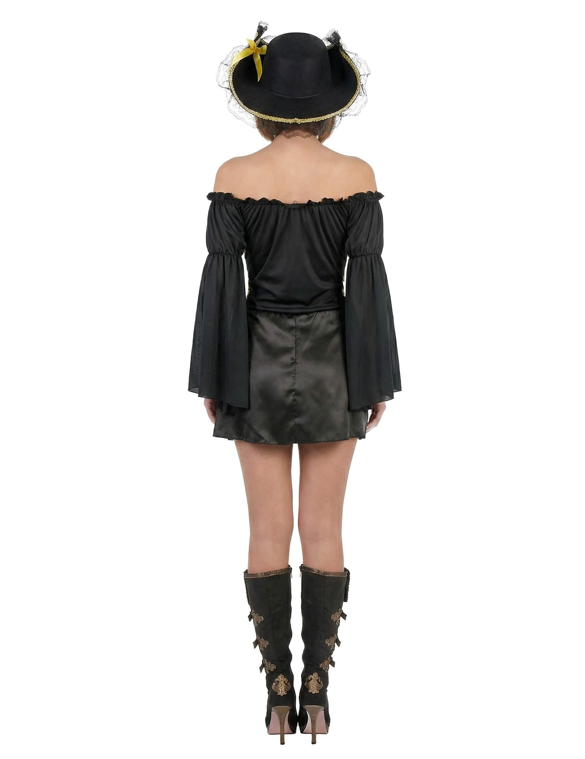 Vue de dos du déguisement de pirate pour femme noir et doré