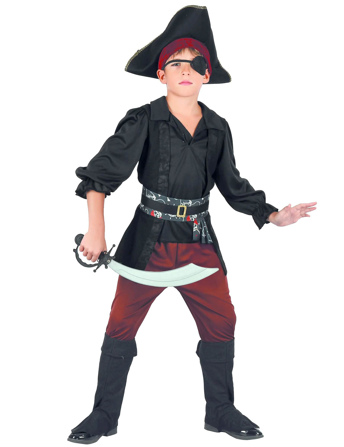 Fato de pirata para menino preto e vermelho com chapéu