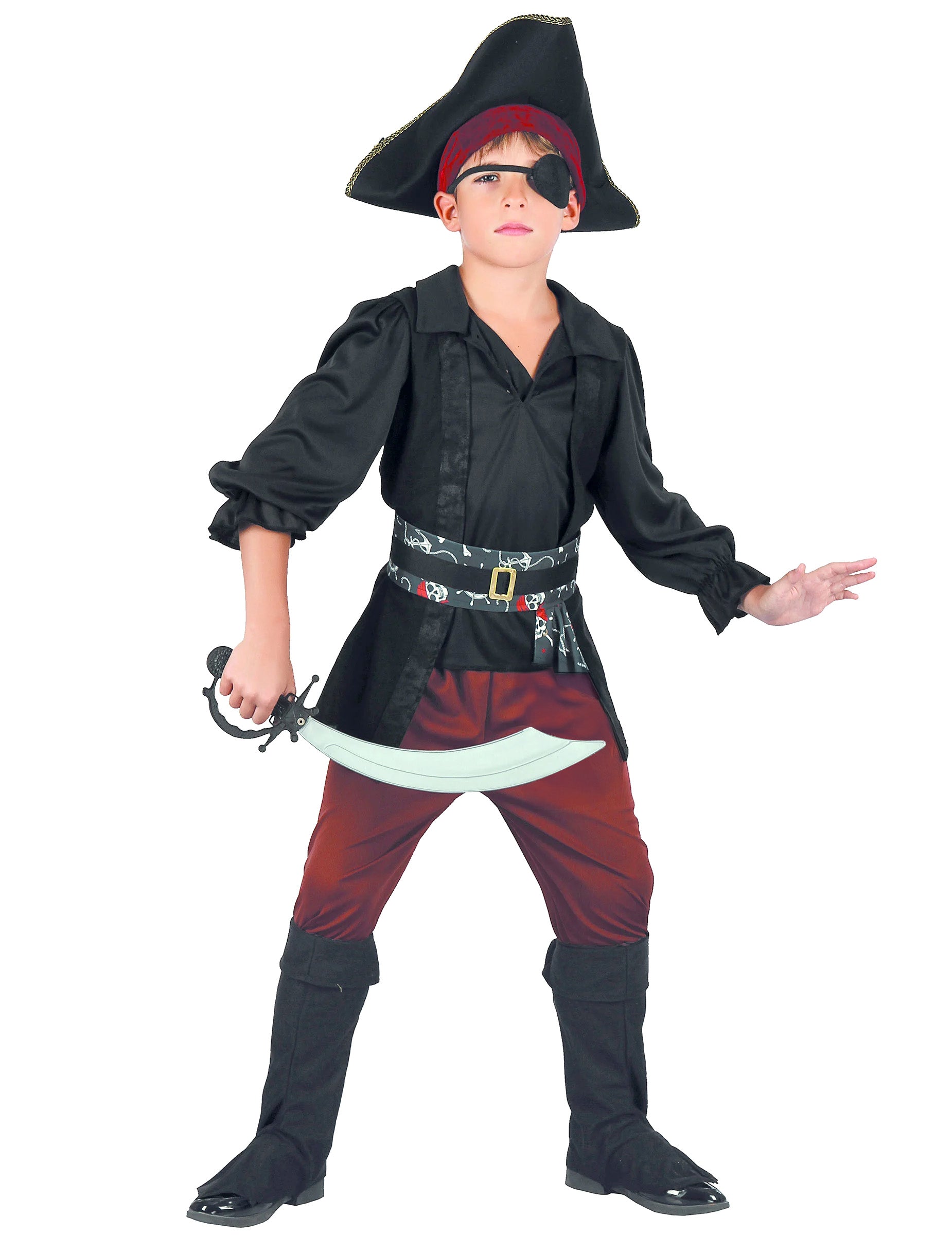 Déguisement de pirate pour garçon noir et rouge avec chapeau