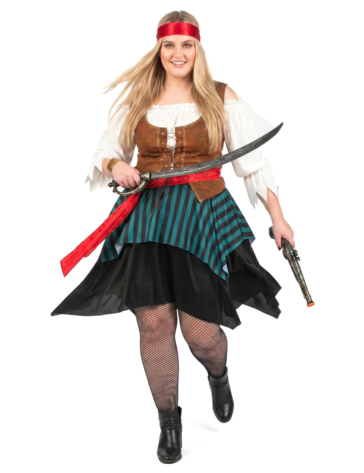 Déguisement de pirate pour femme rayé bleu et noir avec gilet marron et bandeau rouge