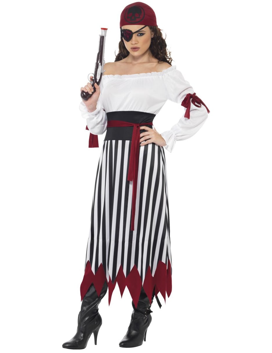 Déguisement de pirate pour femme rayé noir et blanc avec bandana rouge