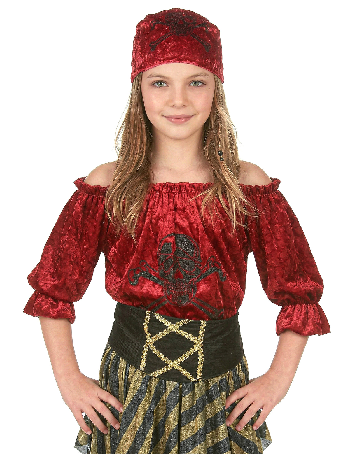 Gros plan sur le haut et le bandana du déguisement pirate rayures dorées