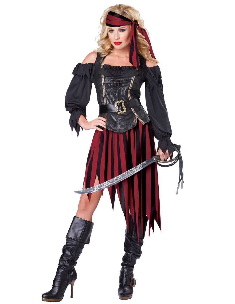 Déguisement pirate rebelle pour femme noir et rouge avec bandana à rayures