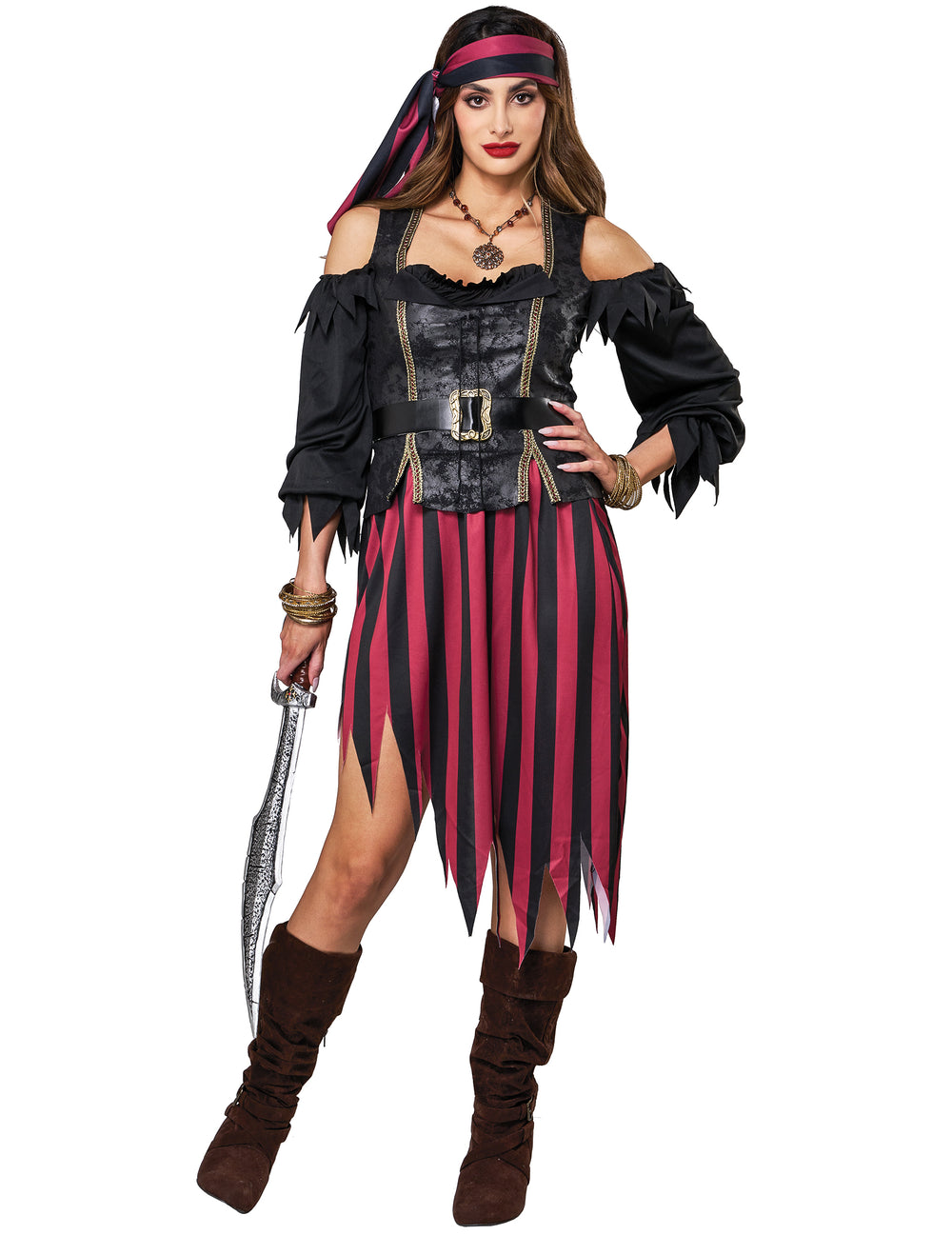 Vue de face avec sabre du déguisement pirate rebelle pour femme