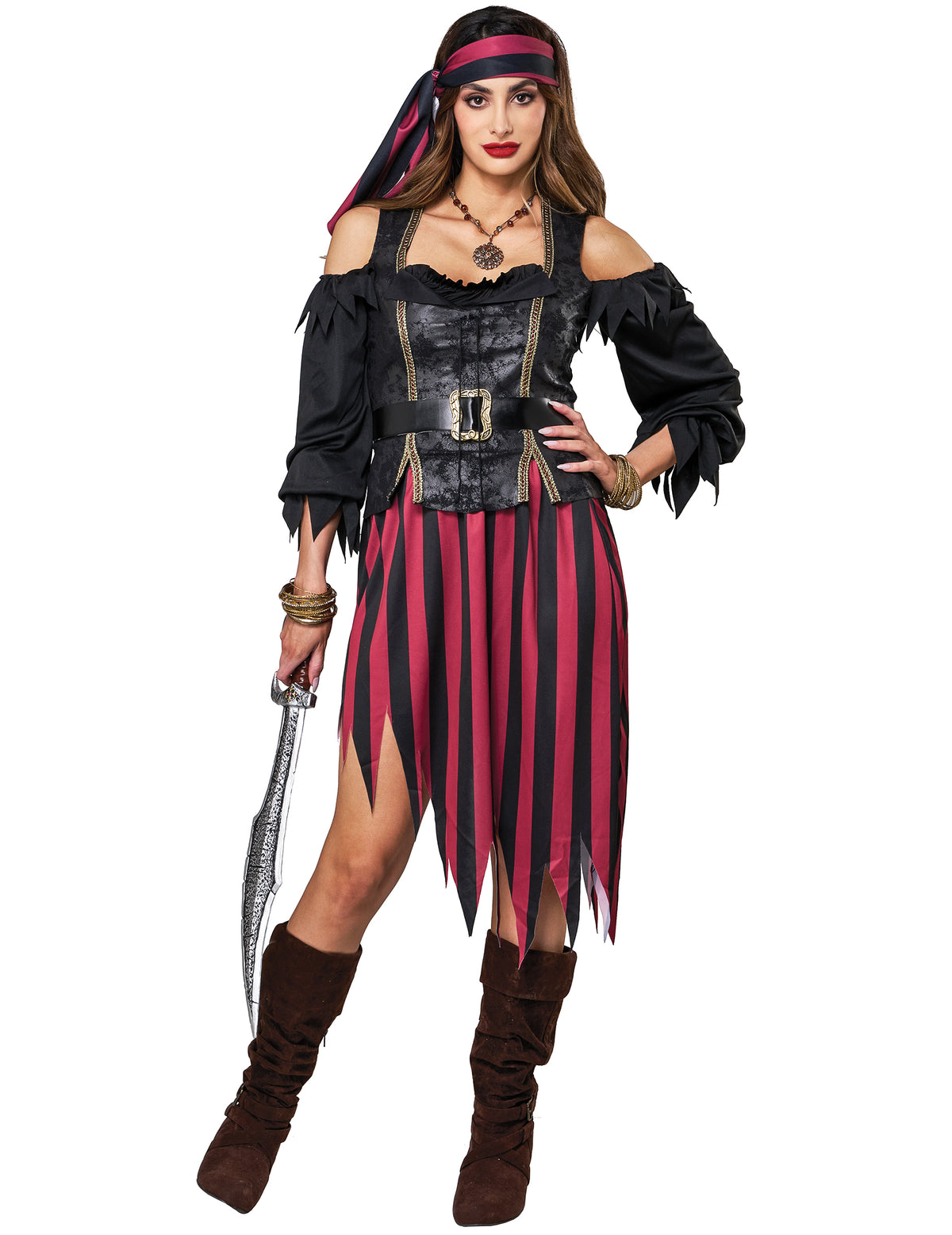 Vue de face avec sabre du déguisement pirate rebelle pour femme