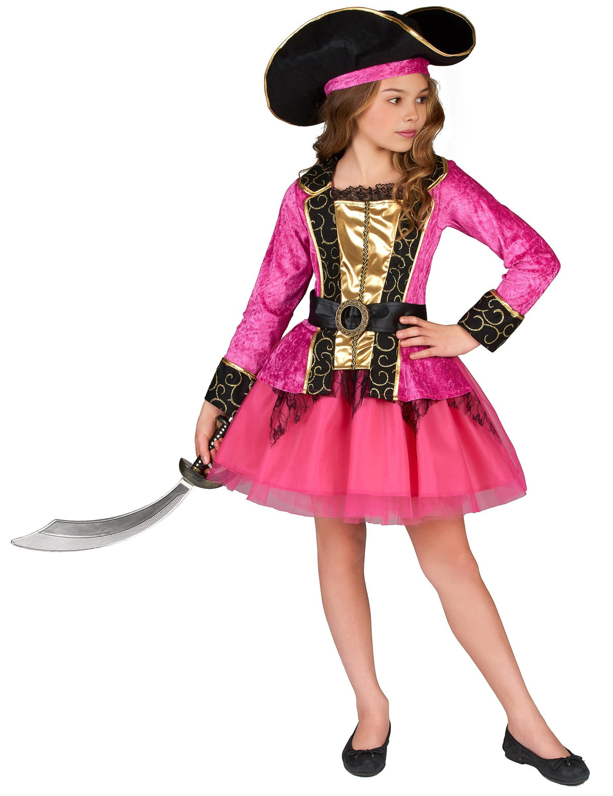 Déguisement de pirate pour fille rose et or avec chapeau
