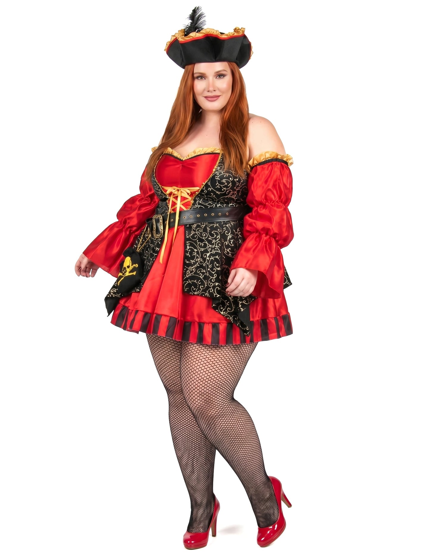 Disfarce de pirata vermelho de luxo em tamanho grande para mulher